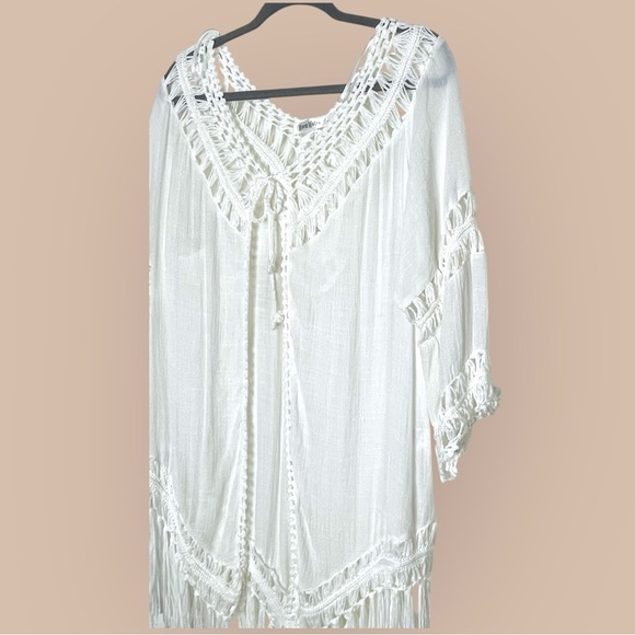 RoomMates Boho White Crocheted Fringe Open Front Cardigan Cover Up Size Large - Picture 5 of 13
